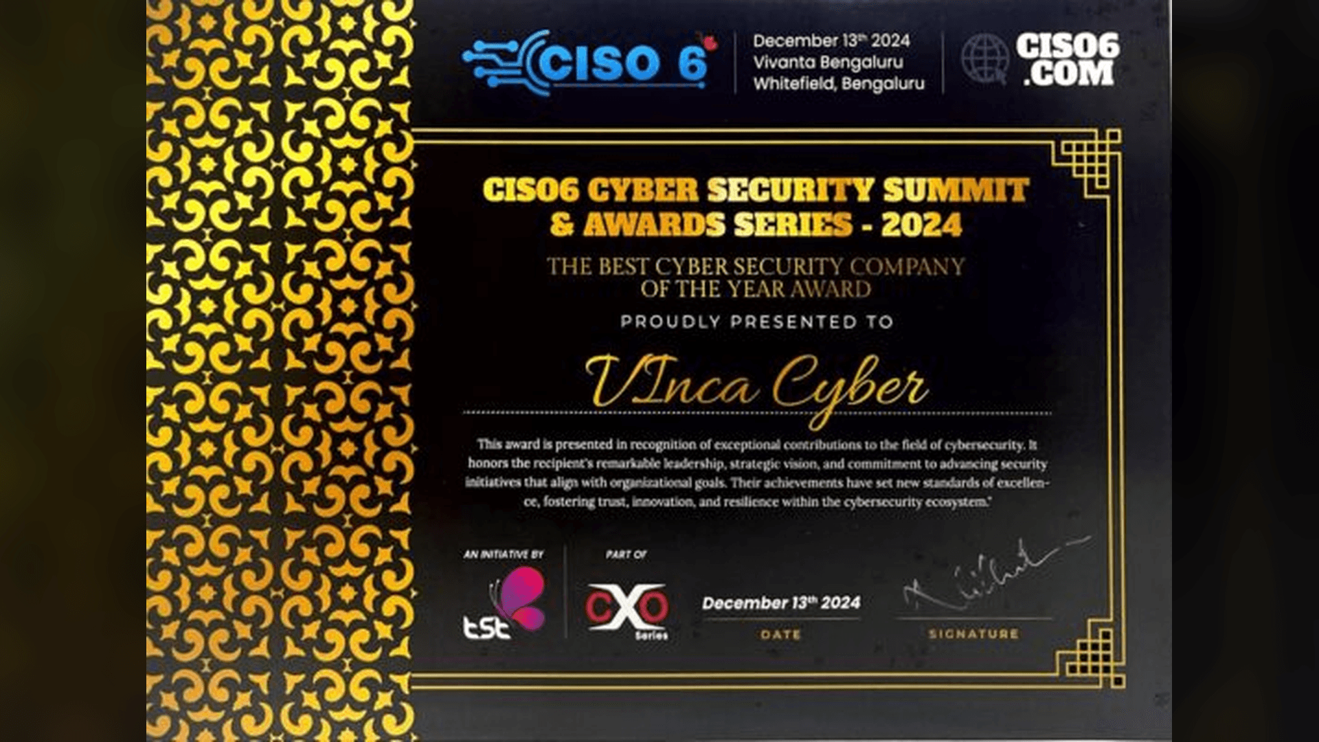 Vinca Cyber Wins Best Cybersecurity Company Award at CISO6